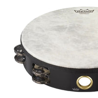 Close-up of the Remo Fiberskyn Tambourine 10" Double Row Jingles TA-5210-70 showing the Fiberskyn drum head, Acousticon shell, and double row jingles.