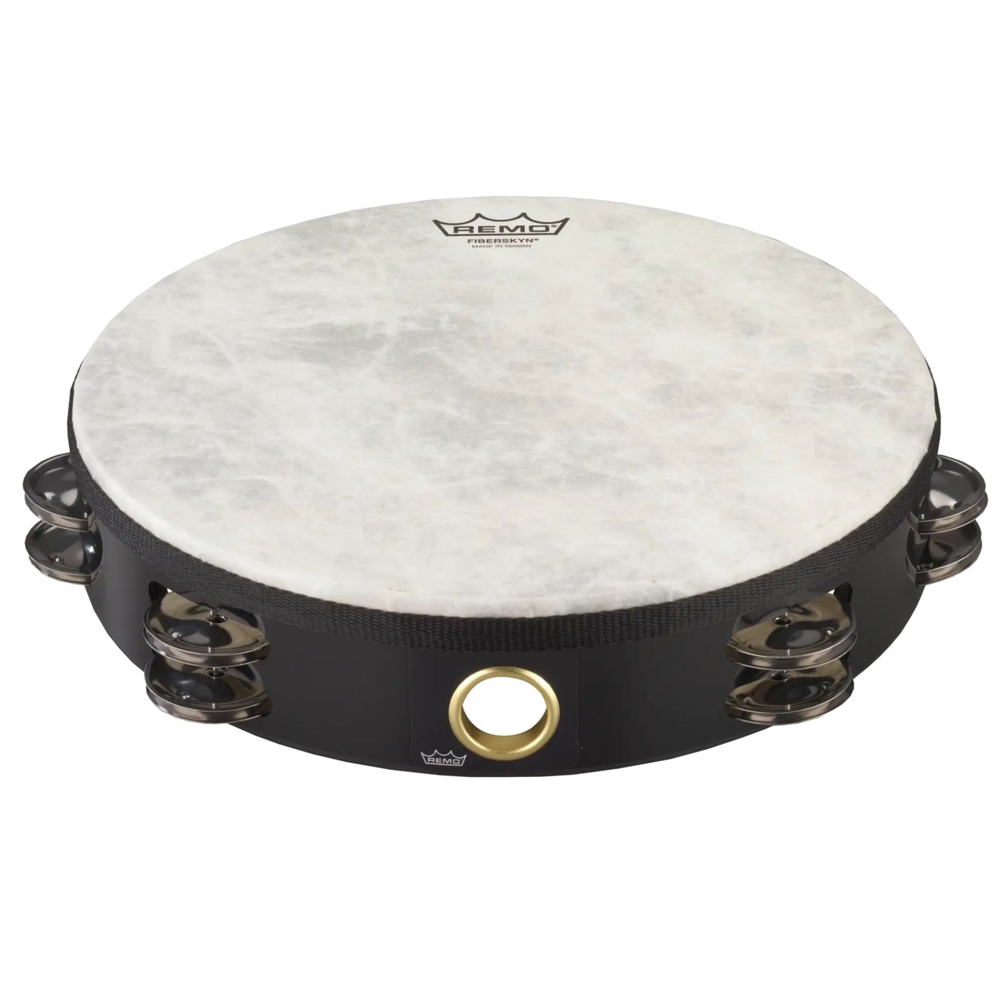 Remo Fiberskyn Tambourine 10" Double Row Jingles TA-5210-70 featuring a Fiberskyn drum head, Acousticon shell, and double row jingle configuration.