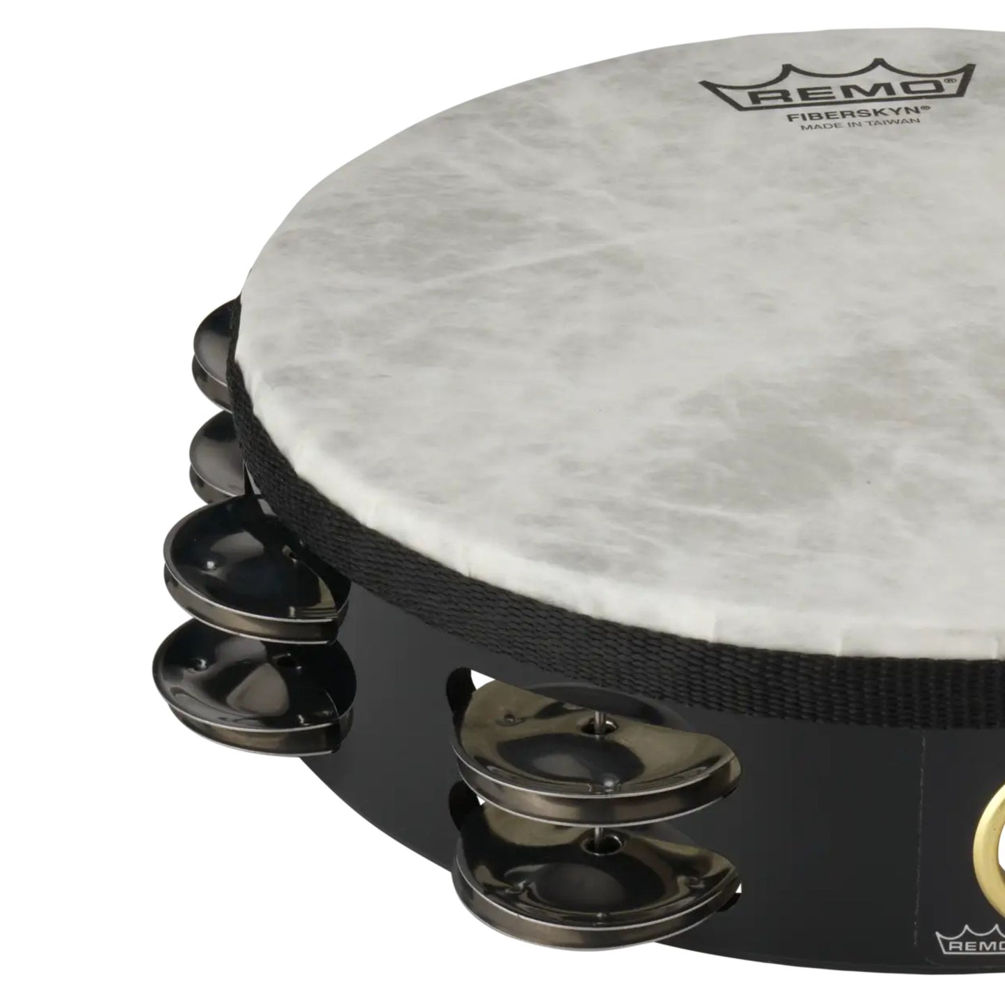 Close-up of the Remo Fiberskyn Tambourine 8" Double Row Jingles TA-5208-70 showing the Fiberskyn drum head, Acousticon shell, and double row jingles.