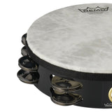 Close-up of the Remo Fiberskyn Tambourine 8" Double Row Jingles TA-5208-70 showing the Fiberskyn drum head, Acousticon shell, and double row jingles.