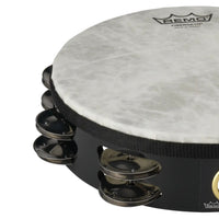 Close-up of the Remo Fiberskyn Tambourine 8" Double Row Jingles TA-5208-70 showing the Fiberskyn drum head, Acousticon shell, and double row jingles.