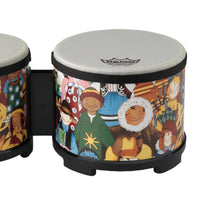 Close-up of the larger drum on the Remo Kids Bongo Drums Rhythm Club Series RH-5600-00 showing the pre-tuned Suede® drumhead and colourful Rhythm Club graphics, with part of the smaller drum visible.