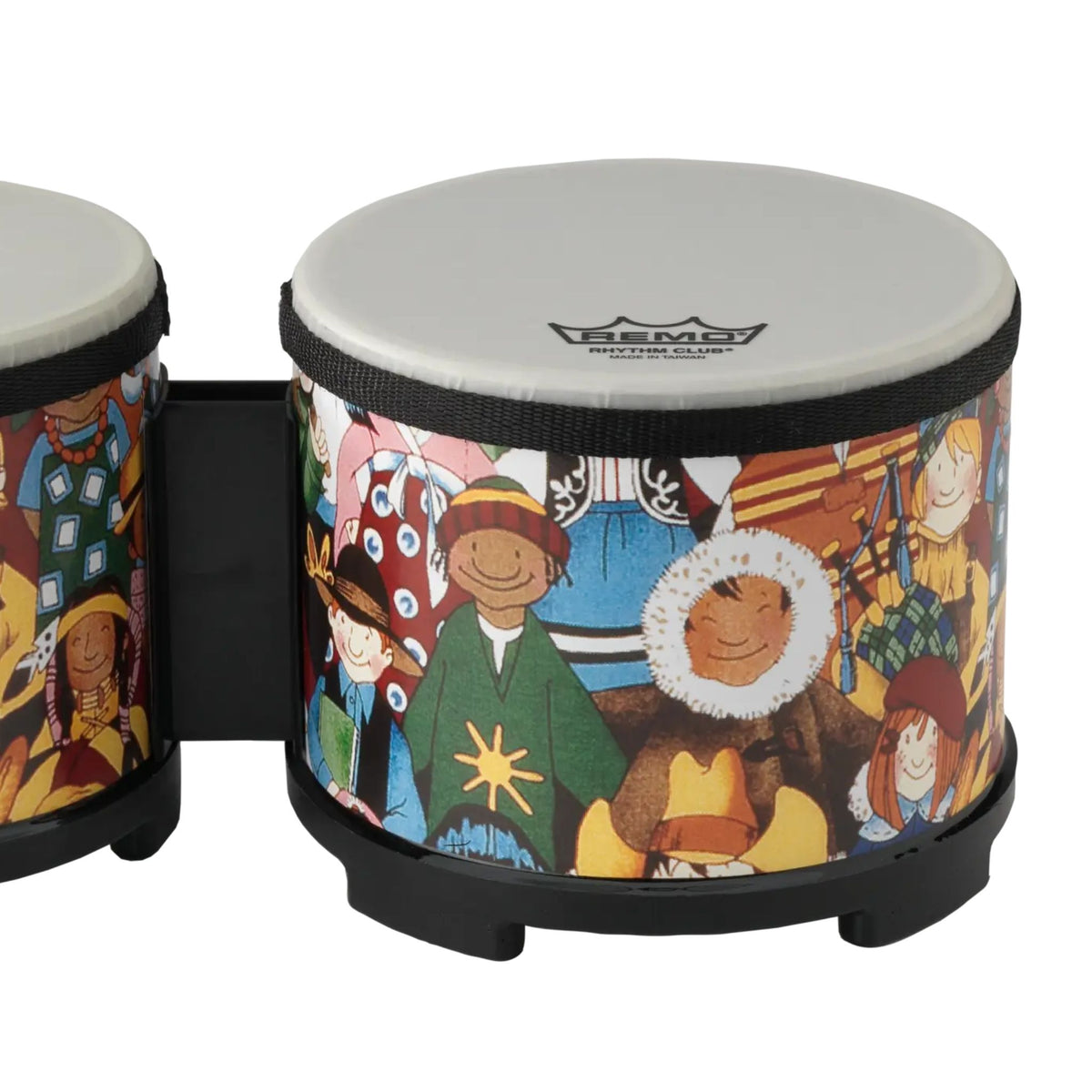 Close-up of the larger drum on the Remo Kids Bongo Drums Rhythm Club Series RH-5600-00 showing the pre-tuned Suede® drumhead and colourful Rhythm Club graphics, with part of the smaller drum visible.