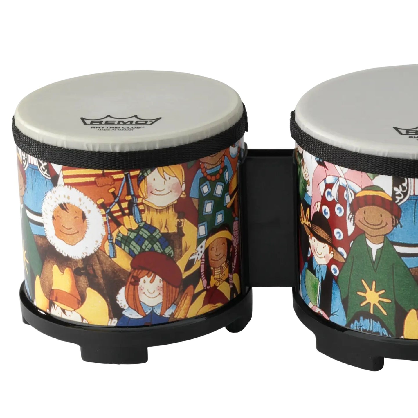 Close-up of the smaller drum on the Remo Kids Bongo Drums Rhythm Club Series RH-5600-00 showing the pre-tuned Suede® drumhead and colourful Rhythm Club graphics, with part of the larger drum visible.