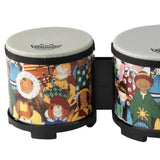 Close-up of the smaller drum on the Remo Kids Bongo Drums Rhythm Club Series RH-5600-00 showing the pre-tuned Suede® drumhead and colourful Rhythm Club graphics, with part of the larger drum visible.