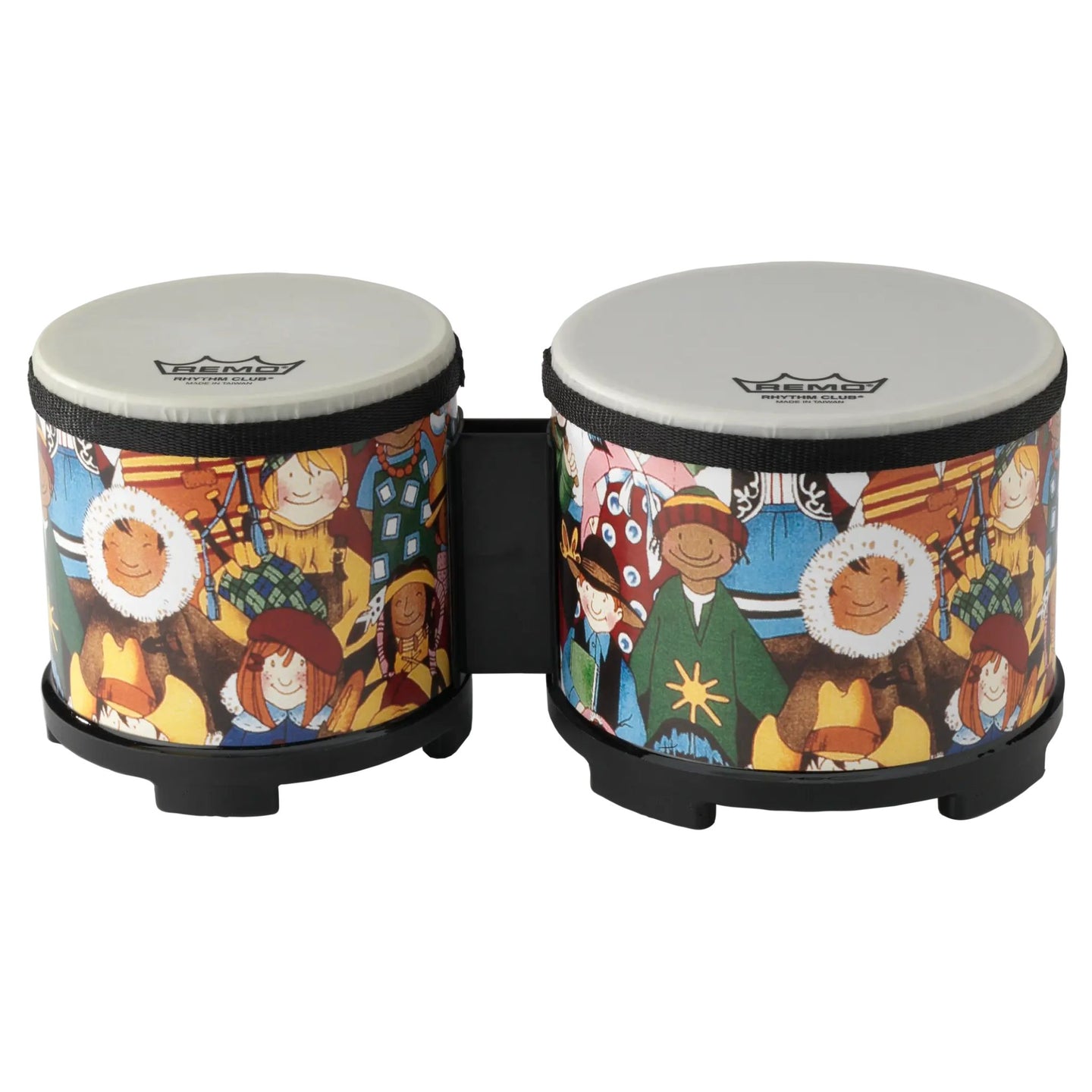 Remo Kids Bongo Drums Rhythm Club Series RH-5600-00 featuring pre-tuned Suede® drumheads, Acousticon® shells, and colourful Rhythm Club graphics.