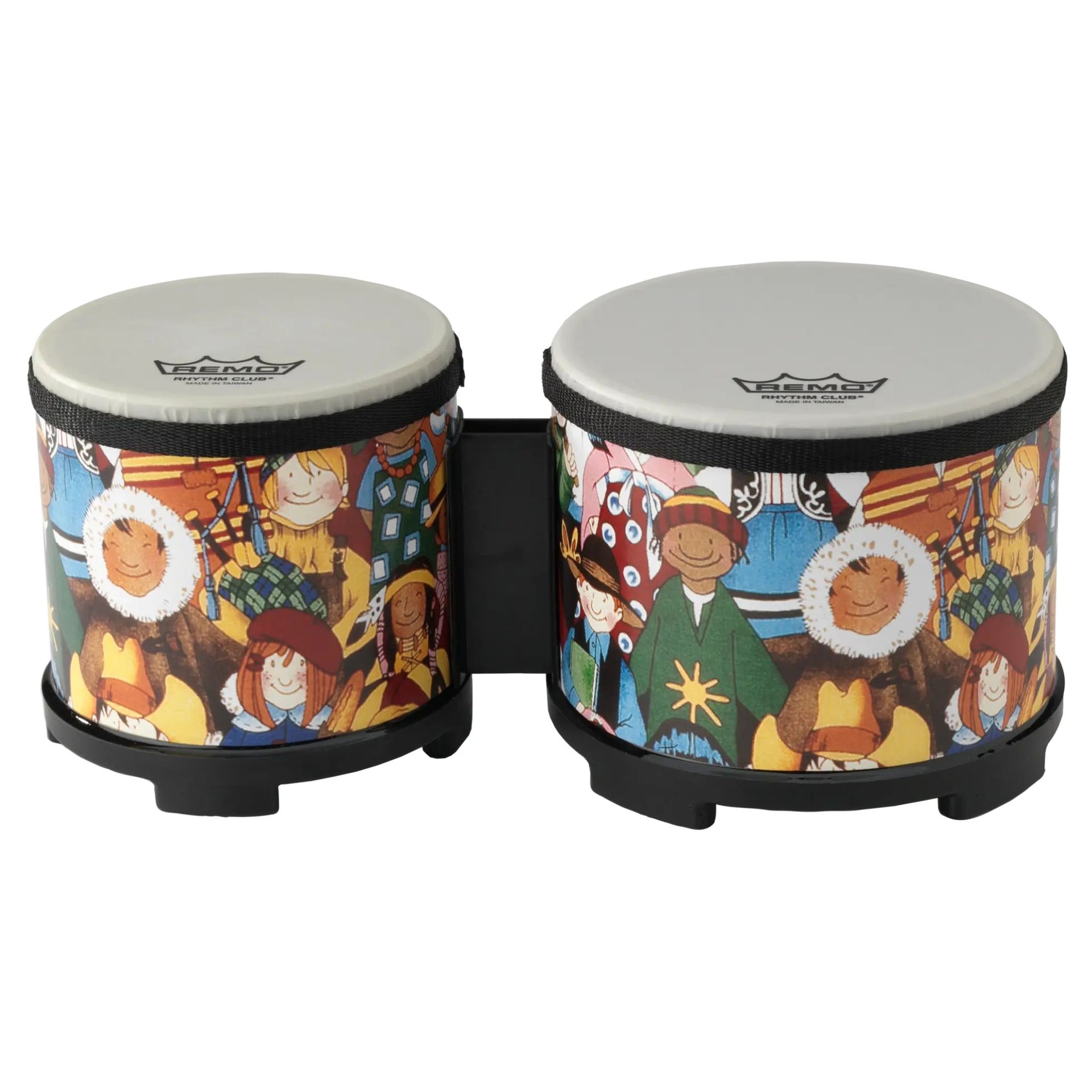 Remo Kids Bongo Drums Rhythm Club Series RH-5600-00 featuring pre-tuned Suede® drumheads, Acousticon® shells, and colourful Rhythm Club graphics.