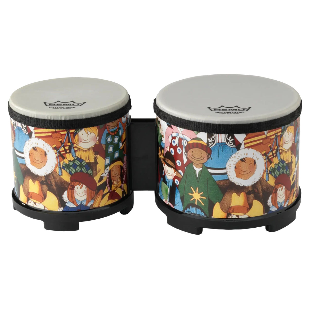 Remo Kids Bongo Drums Rhythm Club Series RH-5600-00 featuring pre-tuned Suede® drumheads, Acousticon® shells, and colourful Rhythm Club graphics.