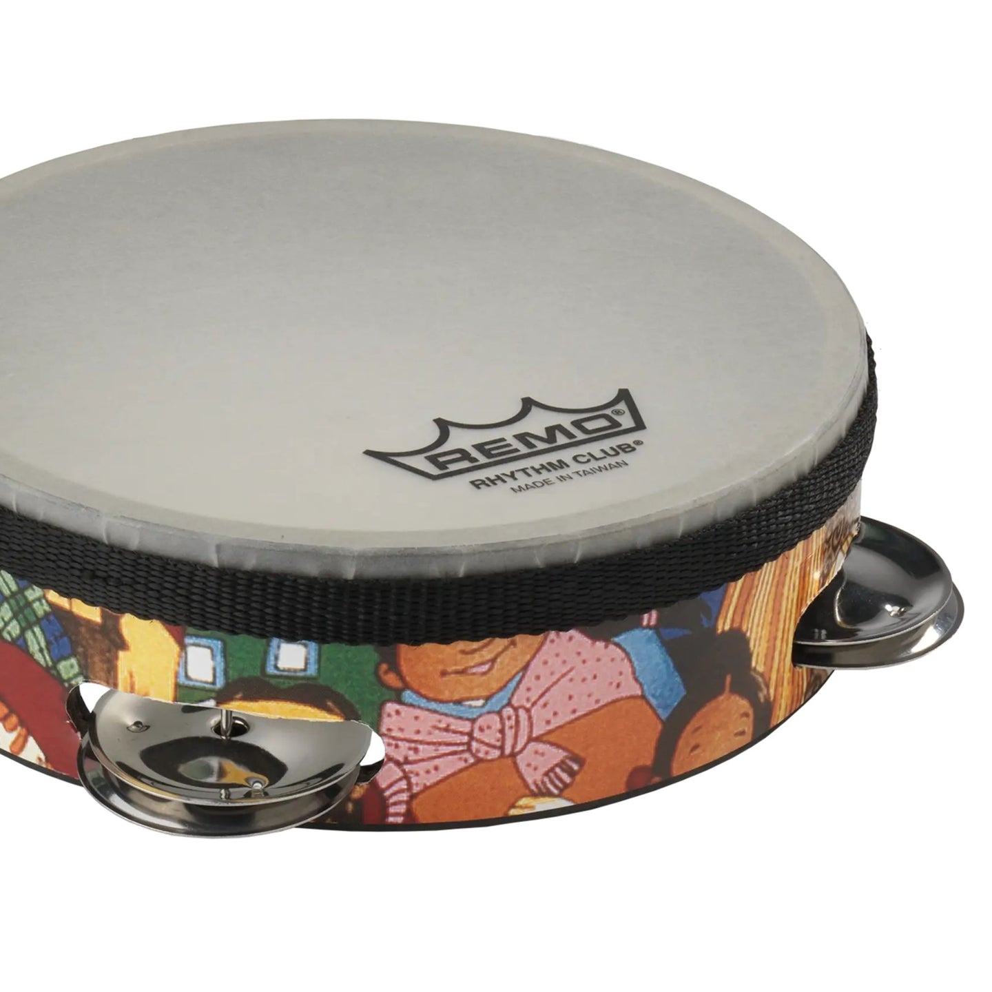 Close-up of the Remo Rhythm Club Tambourine 6" RH-2106-00 showing the pre-tuned Suede® drumhead, chrome jingles, and colourful Rhythm Club graphics.