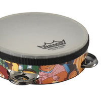 Close-up of the Remo Rhythm Club Tambourine 6" RH-2106-00 showing the pre-tuned Suede® drumhead, chrome jingles, and colourful Rhythm Club graphics.