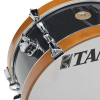 Close-up of the Tama Club-JAM Mini 18" x 7" bass drum in Charcoal Mist showing the mount for attaching an optional cymbal holder.