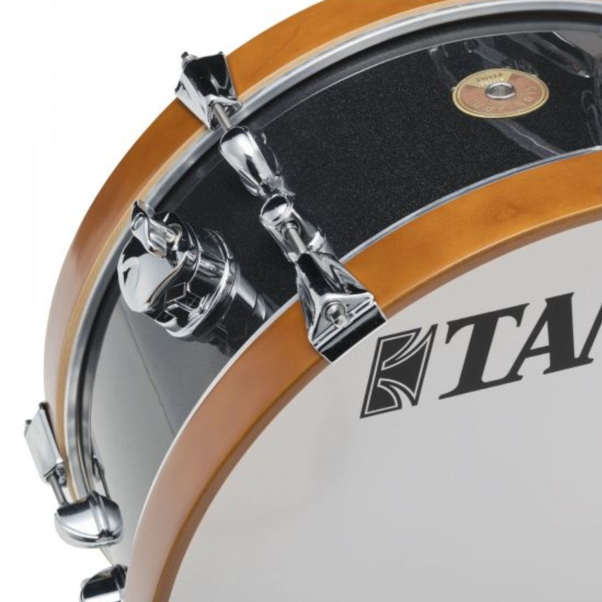 Close-up of the Tama Club-JAM Mini 18" x 7" bass drum in Charcoal Mist showing the mount for attaching an optional cymbal holder.