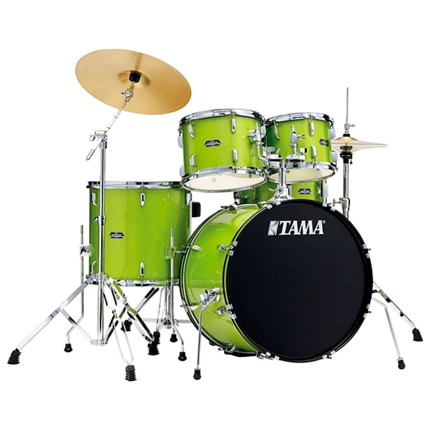 Tama Stagestar 5-Piece Drum Kit in Lime Green Sparkle ST52H5C-LGS with included hardware, throne, hi-hats, and crash cymbal.