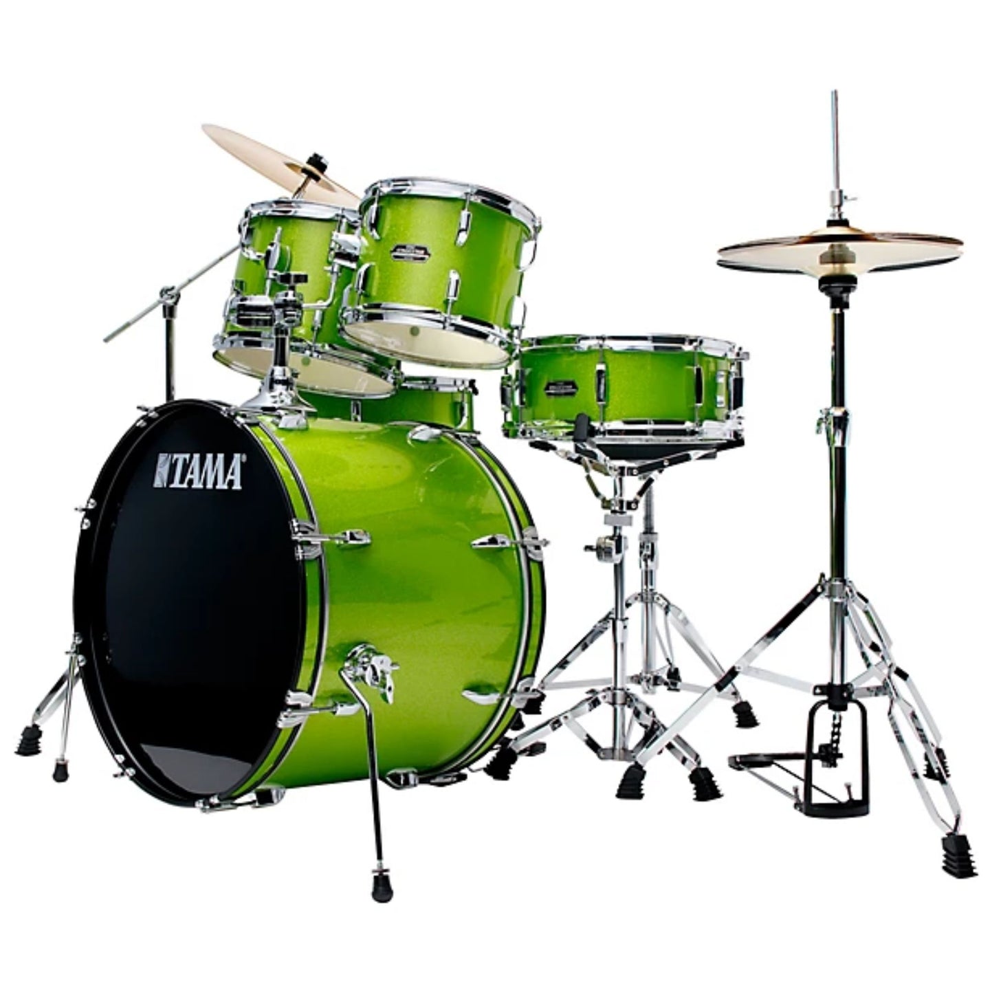 Side view of the Tama Stagestar 5-Piece Drum Kit in Lime Green Sparkle ST52H5C-LGS showing the full drum, hardware, and cymbal setup.