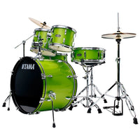 Side view of the Tama Stagestar 5-Piece Drum Kit in Lime Green Sparkle ST52H5C-LGS showing the full drum, hardware, and cymbal setup.